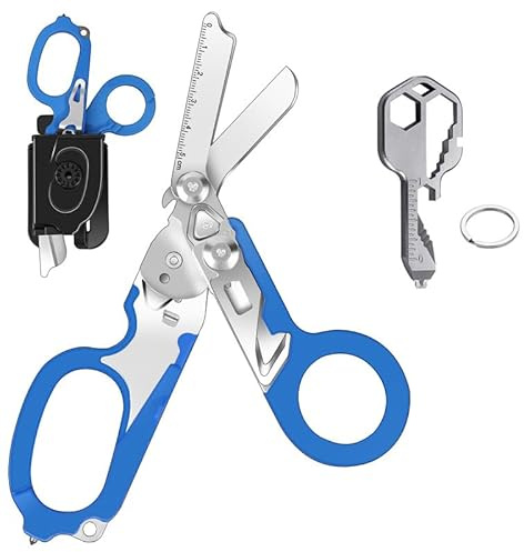 Awaiymi 6 in 1 Multifunktions-Klappbare Traumaschere mit Schere, Zange & 24 in 1 Multifunktions-Schlüssel, Notfall-Schere mit Gurtschneider & Glasbrecher, Rettungsschere für Outdoor-Camping (Blau)