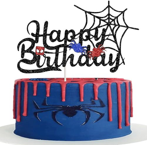 Rsstarxi 1 Pack Spider Happy Birthday Cake Topper Black Glitter Spider Web Cake Pick for Baby Shower Boys Kids Birthday Party Cake Decorations Supplies