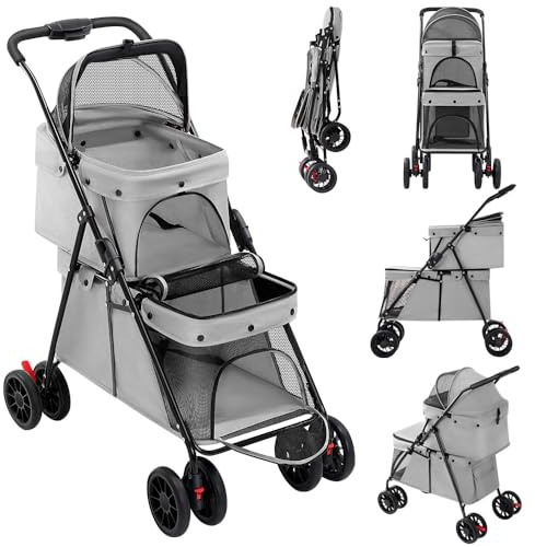 Homewell 2in1 Doppeldecker-Hundewagen, 2-Lagiges Hundebuggy mit Getränkehaltern, Hundebox Transporttasche Faltbar klappbar, mit Feststellbremse, Jogger Buggy für Haustiere, 67 * 50 * 95cm (Grau)