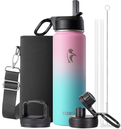Coolflask Borraccia termica con cannuccia, in acciaio inox, con 3 coperchi, imboccatura larga, per sport o ufficio, senza BPA, mantiene il freddo fino a 48 ore o caldo fino a 24 ore, motivo