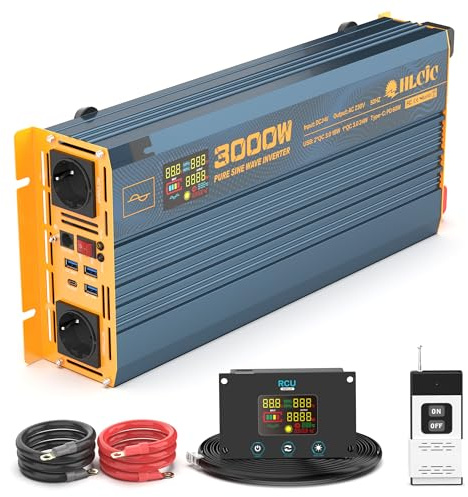 HLCJC Trasformatore di tensione 3000 W24 V, inverter sinusoidale puro da 24 V a 230 V, con presa 2 EU, 1 USB C, 3 ricarica rapida, display LCD per camper camion e auto