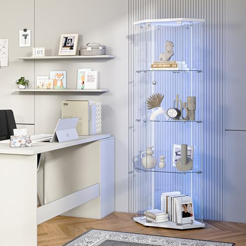 BIYFSDS Eckvitrine Glasvitrine aus Glas mit LED-Lichtern, Vitrinenschrank 4 Glasböden & 1 Türen abschließbar, Moderne Standvitrine Eckvitrine mit Glastüren Aufbewahrungsvitrine