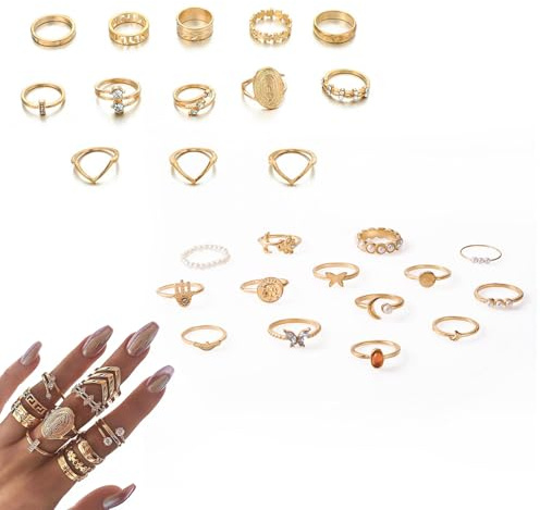 JYXNU 26 Piezas Anillos Mujer, Anillos Chunky Dorados para Mujeres de Ajustables Apilables con Diseño de Grosor Trenzado Retorcido y de Nudillo para Dedos, Anillo Personalidad Ajustable Joyas de Moda