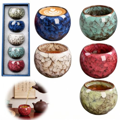 Weciau Ceramic Espresso Cups, 5Pcs 130ML Japanese Tea Cups with Exquisite Box, Handleless Coffee Mugs, Handmade Colorful Coffee Cups for Macchiato Cappuccino Moka Tea