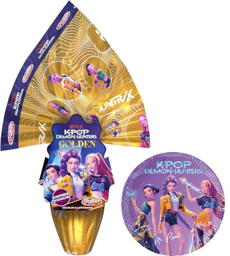 Dolfin Uovo di Pasqua K-POP Demon Hunters Golden, Cioccolato al Latte, 250g, con Sorprese Collezionabili + Piatti in Carta K POP