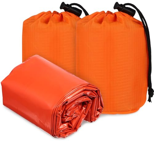 Paquet de Couchage d'urgence Thermiques Orange PE 2 Pièces pour Trekking | Imperméables, Légers et Compacts, Usage Extérieur, Format Pratique pour Randonnée et Secours