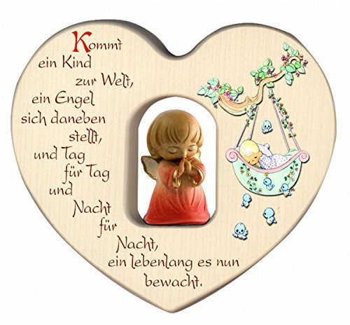 HERZ AUS HOLZ mit SCHUTZENGEL [Engel rot] und SEGENSSPRUCH – Geschenk zur GEBURT oder TAUFE für MÄDCHEN – Wand-Dekoration fürs KINDERZIMMER – MaMeMi Collection aus SÜDTIROL