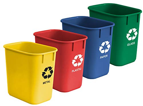 Acrimet Wastebasket Bin for Recycling, 3.25 Gallon/13 Quart/12 Liter (Made of Plastic) (Metal/Yellow, Paper/Blue, Glass/Green, Plastic/Red) (Set of 4)