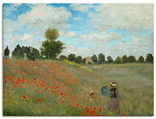 ARTLAND Wanddeko Leinwand Bilder Wandbild 80x60 cm Wiese Sommer Bäume Mohnblumen Wandern Familie Mohnfeld bei Argenteuil. 1873 Impressionismus Claude Monet T7GN