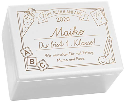 LAUBLUST Holzkiste mit Gravur - Personalisiert mit Datum | Name | WIDMUNG - Weiß, Größe XL - Schreibtafel Motiv - Geschenkkiste zur Einschulung, FSC®