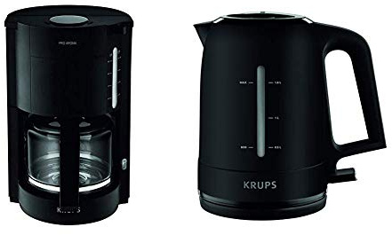 Krups F30908 Krups ProAroma Glas-Kaffeemaschine, 10 Tassen, 1.050 W im modernen Design, schwarz & BW2448 Wasserkocher Pro Aroma, 1,6 L, 2,400 W mit beleuchtetem Ein-/Ausschalter, schwarz