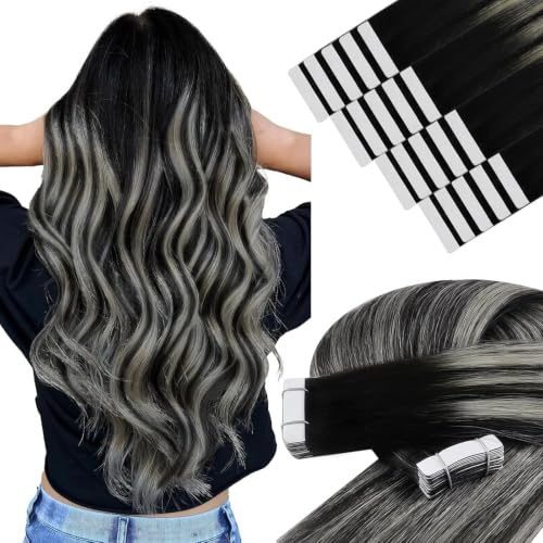 YoungSee Tape Extensions Echthaar Schwarz,Echthaar Extensions Tape Schwarz Ombre Silber,Tapes Haarverlangerung Kurz,Tapes Haarextension Echt Haar Glatt,für Damen,30 cm,30g,1B/S/1B