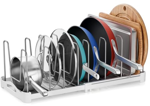 EVERIE Adjustable Bakeware Organizer Pot Lid Holder Rack for Pots, Cake Molds, Cutting Boards, Mats, Cookware, GS02SS, 7.7'' Deep by 12.6'' to 21.5'' Wide