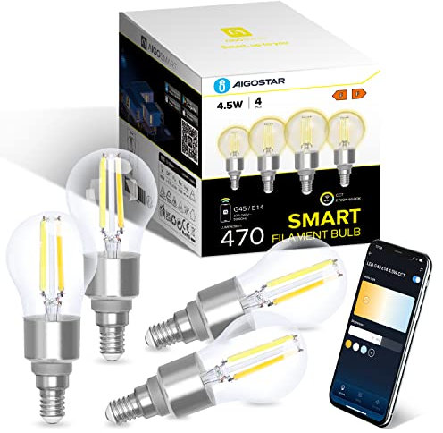 Aigostar Alexa Glühbirne E14, Smart LED Vintage Lampe, Smarte Glühbirne G45 Transparent Globe, 4.5W 470LM, Warmweiß Dimmbar 2700K -6500K, Kompatibel mit Alexa und Google Home, 4 Stücke