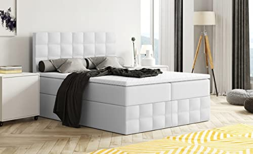 Generisch Moderne Boxspringbett MERA Premium Bett mit Bettkasten Ziernähten Bonell Matratze H3 Federkern Topper Polsterbett Doppelbett Schlafzimmer (Weiss - Madryt 120 (Kunstleder), 140 x 200)