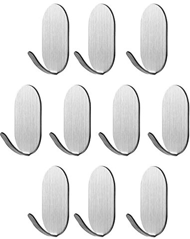 KAXIMON Self Adhesive Hooks, 10 Pack Stainless Steel Wall Hooks Stick on Heavy Duty, No Nails Sticky Hooks Extra Strong for Kitchen Bathroom Wall Door Hanging Hat Coat Clothes Towel Keys