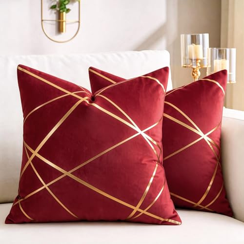 2er Set Samt Kissenbezug 45x45 cm Rot Dekorative Kissen Geometrie Modern Dekokissen Kissenhülle Sofakissen Couchkissen Kissenbezüge Outdoor Zierkissen Bezug für Schlafzimmer Sofa Bett Winter