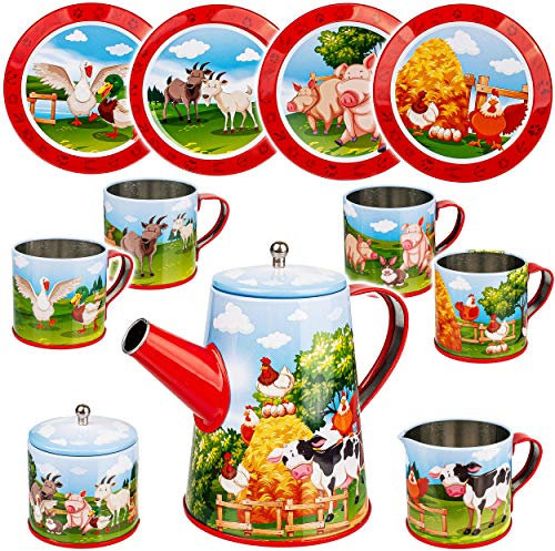 alles-meine.de GmbH 13 TLG. großes Set Puppengeschirr/Kaffeeservice & Teeservice - Bauernhof Tiere - Geschirr aus Blech - Metall - Blechgeschirr - Kinderküche - Picknickset P..