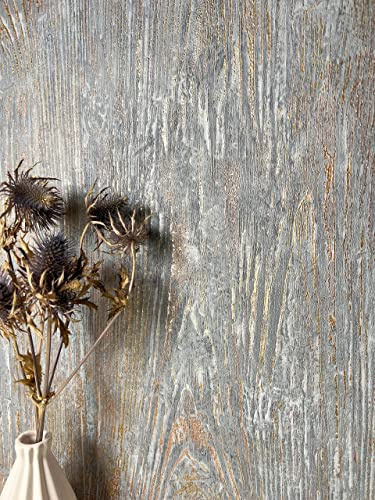 Newroom Vliestapete Grau Holzoptik Tapete Modern Rustikal Wohnzimmer | Holzmaserung mit Kupfer-Gold-Schimmer, vertikale Struktur, Loft Landhausstil, Mustertapete Flur Schlafzimmer