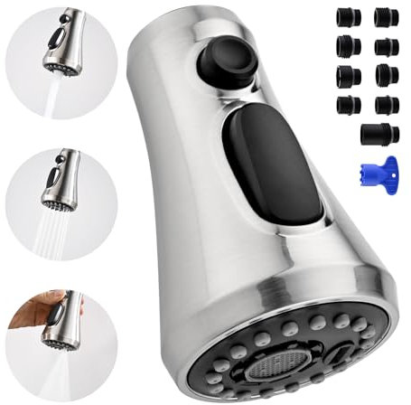VFAUOSIT Kitchen Faucet Head Replacement 3-Function Pull Out Kitchen Sink Faucet Sprayer with 9 Adapters for Moen, Delta, Kohler Faucets, American Standard, Brushed