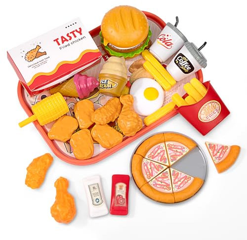 Jouet Aliment Cuisine Enfant, 40 Pièces Hamburger Jouets Alimentaires avec Pizza, Frites, Poulet Frit et Plateau, Jeux d'Imitation Éducatif Cadeau, Jeu de Rôle pour Fille Garçon 3 4 5 Ans