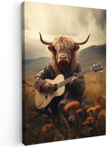MuchoWow© Leinwand Bilder Wanddeko Wohnzimmer Aesthetic Room Decor Deko | 60x90 cm - Zimmer Wandbilder Modern Fotogeschenke Schottische Hochlandrind - Kuh - Highland Cow - Gitar - Blumen - Berge