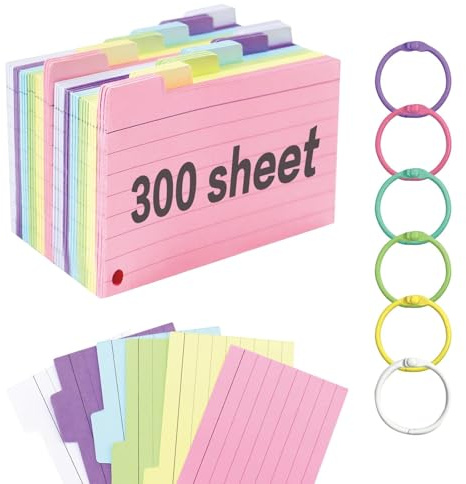 300pcs Fiche Bristol,Flash Cards Fiches Bristol Flashcards Avec Anneau De Liant, Cartes D’Index LignéEs 3.3 * 4.9 Pouces, Fiches Bristol Pour éTudier 、 Bureau De L’éCole, Maison (6 Couleurs)
