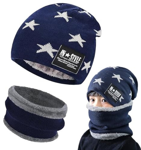 Gxlaihly Wintermütze für Kinder,Kinder Winter Warm Beanie Mütze und Loop Schal Schlauchschal Set,Kinder Wintermütze Beanie Hut,Wintermütze und Schal-Set für Jungen Mädchen von 4-15 Jahren (Blau)