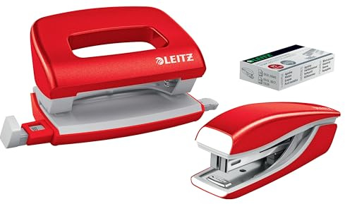 Leitz WOW Mini Skrivbordsset Häftapparat och Hålslag, Häftar eller Stansar upp till 10 ark, 1000x P2 Nr 10 Häftklamrar Ingår, Röd, 55612026