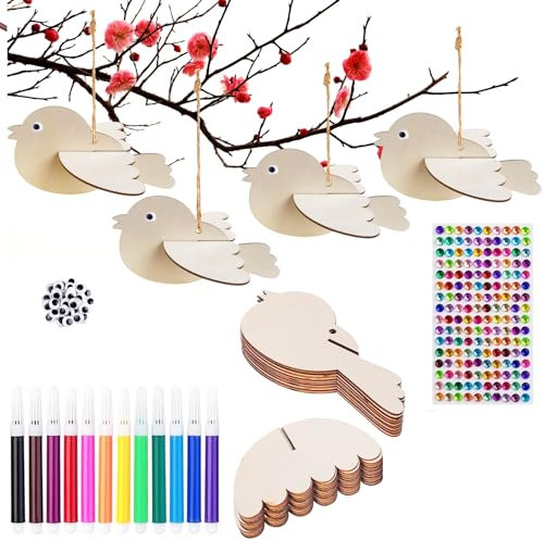 YIEUR Lot de 10 Oiseaux 3D en Bois à Peindre - 15 cm - Kit de Bricolage pour Enfants de Pâques - Carillon Éolien - Décoration - Cadeaux pour le Printemps, le Jardin, les Enfants