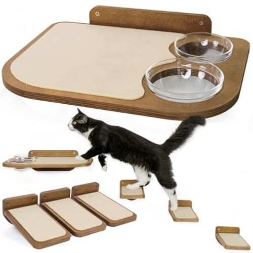 INICIO Mensole da parete per gatti – Stazione di alimentazione a prova di cane con ripiani montati a parete, resistente mensola galleggiante in betulla a 3 gradini per gatti fino a 6,8 kg, include