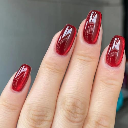 Ceboic Kunstnägel Press on Nails Kurz Eckig, French Pure Farbe Nägel zum Aufkleben Rot Katzenauge Glitzer Künstliche Nägel, Acryl Falsche Nägel Natürliche Square Fingernägel Fake Nails für Frauen