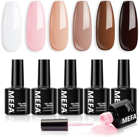 MEFA UV Nagellack, 6 Farben Weiß Rosa Nude Braun Farben 7 ML Soak Off UV LED Gel Nagellack Schellack Set für Gelnägel Nail Art Kit Maniküre Nageldesign Nägel Selber Machen