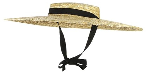 Damen-Brettmütze mit breiter Krempe, Strohhut, flach, für den Sommer, mit weißem schwarzem Band, Sonnenhut, Strandkappe
