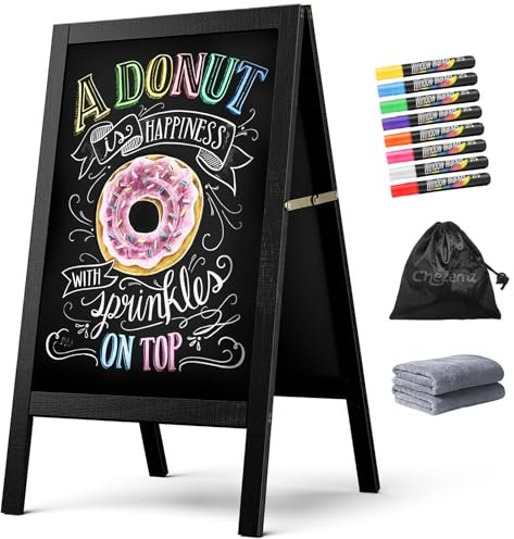 Chezerra A Frame Chalkboard Sign, 40x20 Extra Large Sidewalk Chalk Board, Wooden Standing ChalkBoards Set with Markers, Double-Sided Magnetic Blackboard for Cafés, Weddings, Party Guide, Black