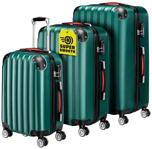 Monzana® 3tlg. Kofferset Hartschalen Koffer M-L-XL Gel-Griffe 4 Rollen Kantenschutz Schloss Standfüße Trolley Rollkoffer Reisekoffer Grün
