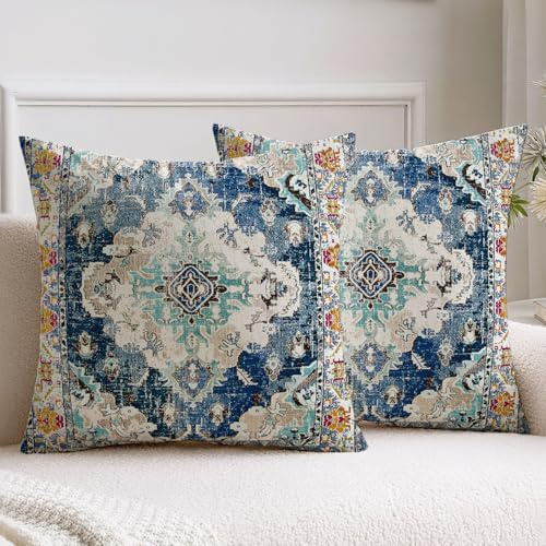 Vorysum Kissenbezug 50x50 cm Bohemian Dekokissen Herbst Kissenbezüge Vintage Kissenhülle 2er Set Blau Kissen Samt Sofakissen für Wohnzimmer Schlafzimmer Garten Dekorative