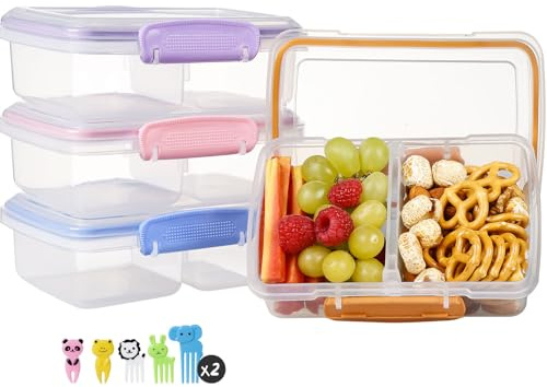 Greentainer Plastic Snack Containers for Kids, 4 Pack Bento Boxs with 2 Compartments Travel Snack Container Sandwiches/Fruits/Candies Food Storage Containers BPA Free Dishwasher Safe-Pink
