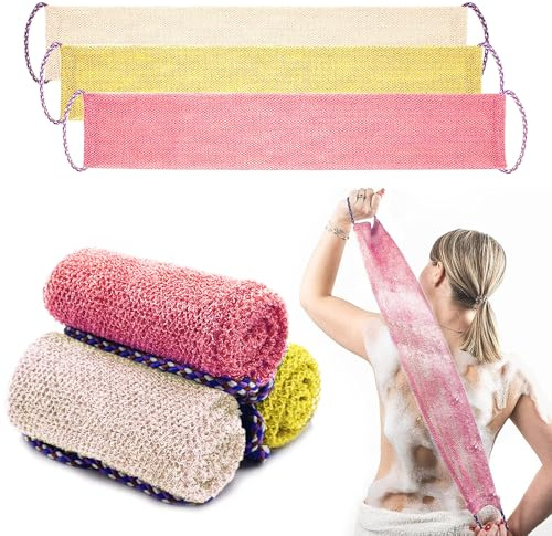 Pinkiou 3 Pièces Eponge Africaine Exfoliante, Gommage Gant de Toilette Exfoliant Double Face avec Poignées Brosse Exfoliante Douce et Rugueuse pour Exfoliant, Rose+Blanc+Jaune