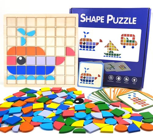 Jastown 140PCS Tangram Kinder Holzpuzzle, Montessori Mosaik Steckspiel ab 3 4 5 6 Jahren, Geometrische Formen Holzpuzzles, Hölzerne Muster Blöcke Set, Lernspielzeug Geschenk für Jungen und Mädchen