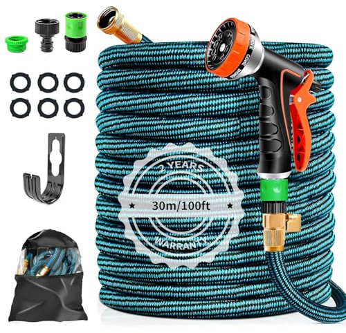 Manguera de jardín flexible, 30 m/100 pies - Manguera de agua extensible con boquilla de pulverización de 10 funciones, adaptadores de 3/4 y 1/2 - Manguera flexible para jardín, coche, lavado y rieg