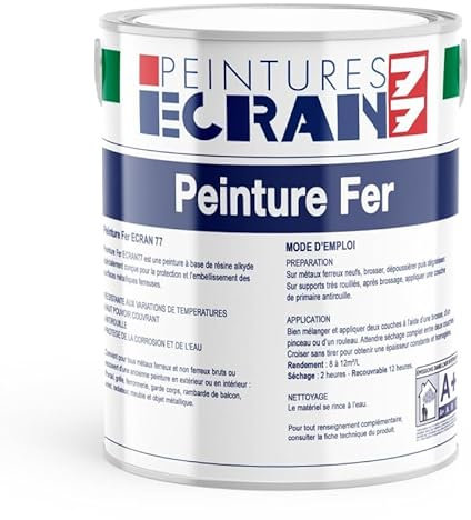 Peinture fer professionnelle, satin, peinture opacifiante, sans odeur, antirouille, protège, décore intérieur, extérieur ECRAN77 1 litre