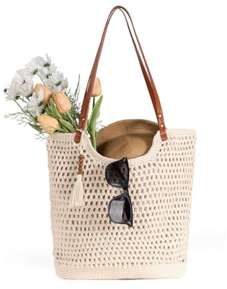 CorkAllin Boho Sommer Häkeltasche Strandtasche Damen für Beach Einkaufen | Handgewebte Gehäkelt Tasche aus luftigem Netzstoff. Leicht & geräumig, ideal für Einkaufen Urlaub Reisen & Alltag. Faltbar