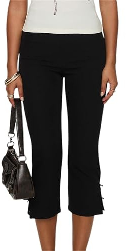 Felcia Pantalon capri pour femme, couleur unie, nœud papillon, décoration, été, extensible, décontracté, legging court
