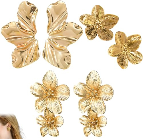 AMSNINK 3er-Set Goldene Blumen Ohrringe, Fächerförmige Blüten & Doppelschicht-Design, Ohrringe Gold, Statement-Schmuck für Hochzeit, Partys & Alltag, Hypoallergen Geschenkidee für Frauen & Mädchen