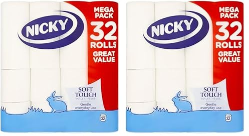 Nicky Soft Touch Toilet Tissue - Extra Value Pack, 64 Rolls of Extra Gentle White Toilet Paper, 190 Sheets per Roll, 2-ply, Soft Tissue, Modern Embossing, Easy Opening, 100% FSC Certified Paper