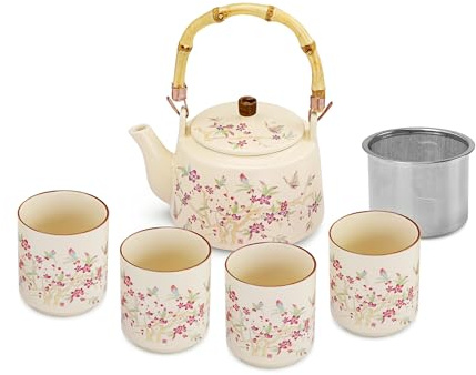 fanquare Juegos de té Kungfu con flores Tetera de porcelana esmaltada amarilla con infusor Tazas de té japonesas para adultos Regalo, una tetera con 4 tazas