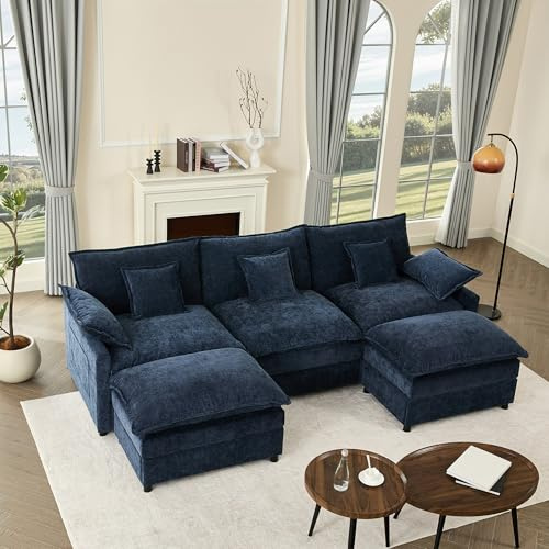Litbird Canapé d’Angle Modulable en U 274 cm – 3 Places avec Repose-Pieds Amovible – Canapé Profond pour Salon, Meuble de Salon Moderne (Bleu Marine)