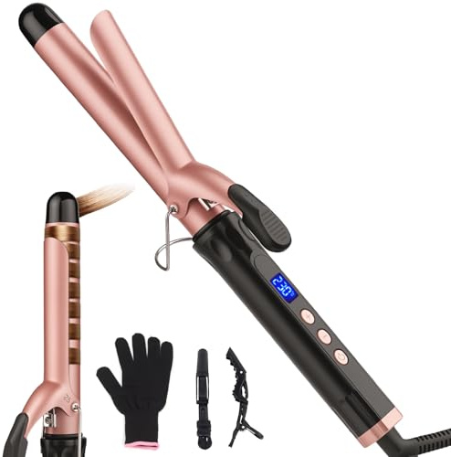 JAETON Curling Wand Hair Curler, Curling Tongs with Clamp, New Upgraded Ceramic Curling Iron, Dual Voltage, Adjustable Temp for Long Hair (25MM)