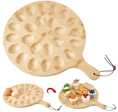DICOSMETIC Holzplatte Für Teufelseier Mit 24 Löchern Ostern Platte 2 Seitige Platte Multifunktionale Runde Pizzaplatte Für Ostern Thanksgiving Party Bambus